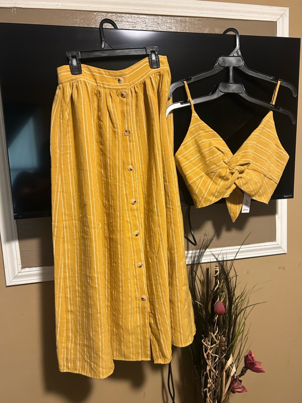 Mustard Yellow Striped Button-Front Midi Skirt